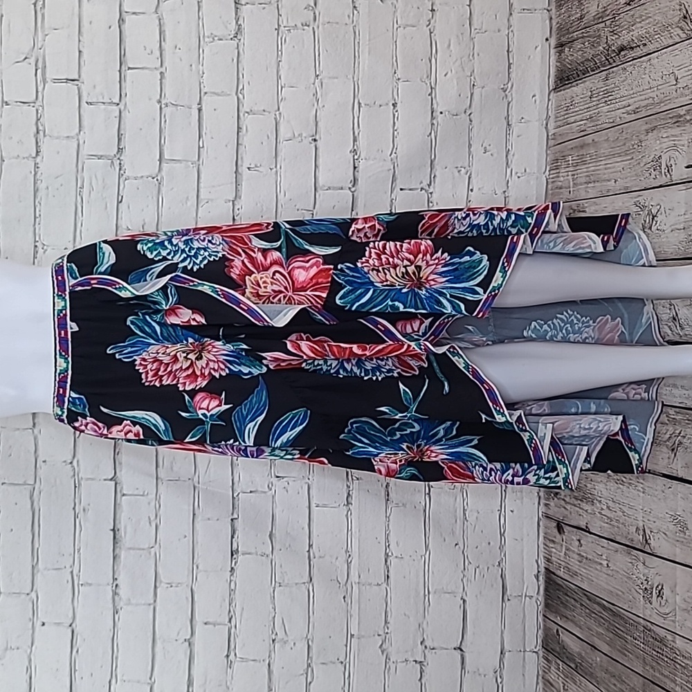 Flying Tomato Polyester Blend Faux Wrap A-Line Hi-Lo Ruffle Skirt in Black Multi